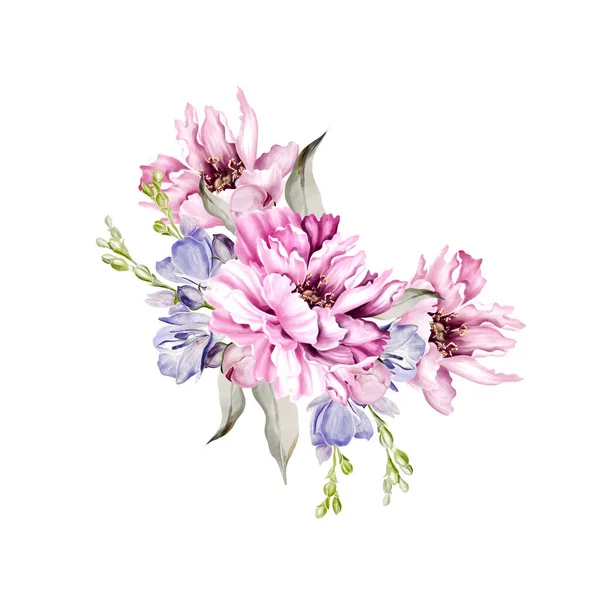 Wreath Peony Cherry Blossoms Green Leaves Floral Wedding Card Watercolor — Fotografia de Stock