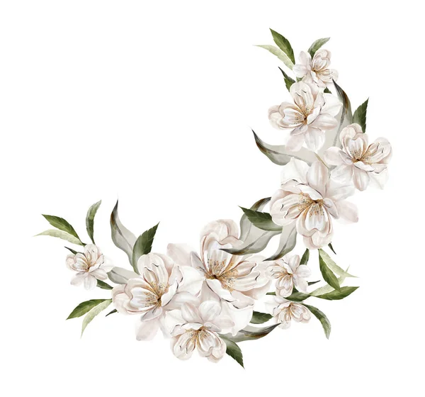 Wianek Kwiatów Wiśni Zielone Liście Kwiatowa Kartka Ślubna Akwarela Ilustracja — Zdjęcie stockowe