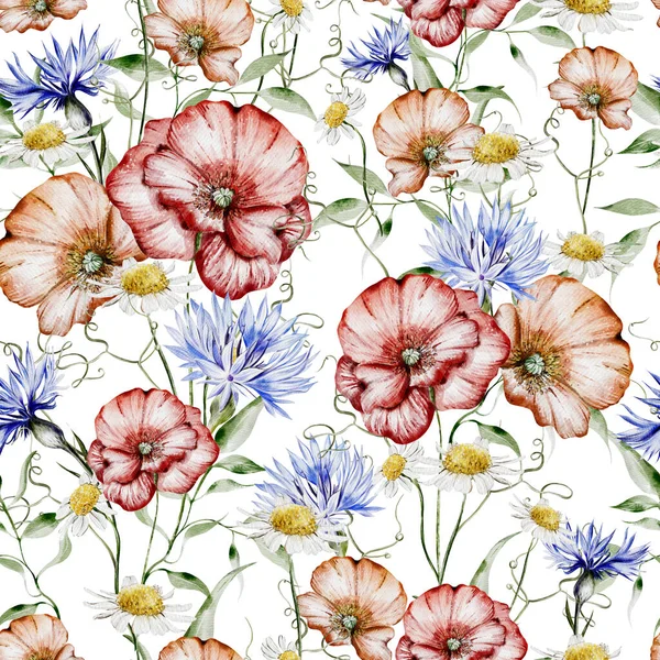 Watercolor Seamless Pattern Flowers Poppy Cornflower Leaves Illustration — Stock Photo, Image