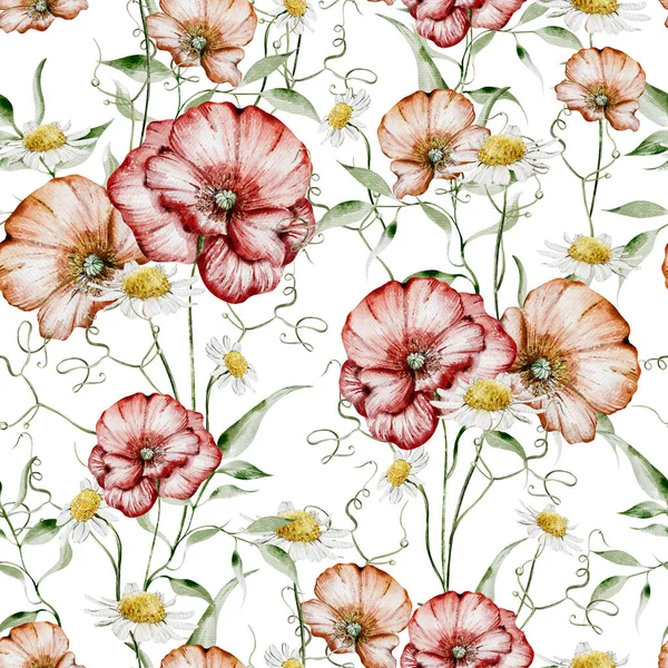 Watercolor Seamless Pattern Flowers Poppy Chamomile Leaves Illustration — Stock Photo, Image