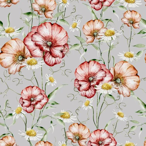 ケシやカモミールの葉の花と水彩シームレスパターン イラスト — ストック写真