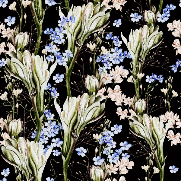 Aquarel Naadloos Patroon Met Vergeet Niet Bloemen Wilde Bloemen Illustratie — Stockfoto
