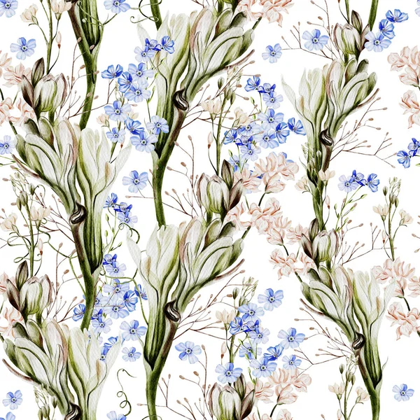 Aquarell Nahtloses Muster Mit Vergissmeinnicht Blumen Und Wildblumen Illustration — Stockfoto