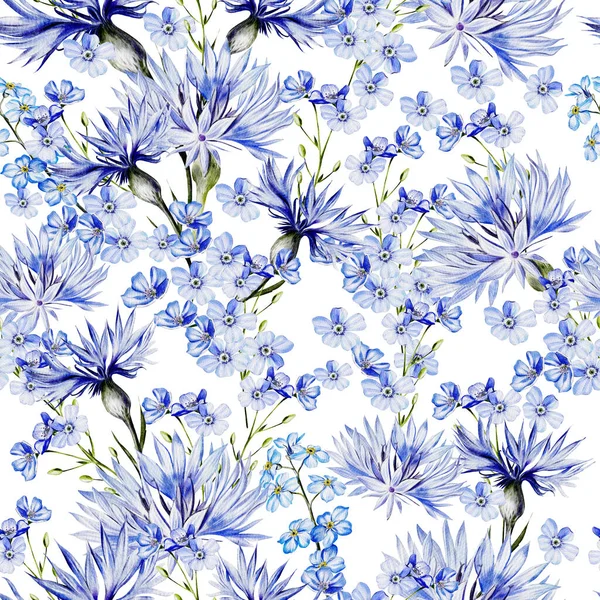 Watercolor Seamless Pattern Forget Flowers Cornflowers Illustration — Stock Photo, Image
