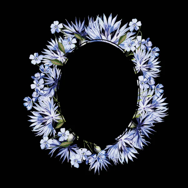 Watercolor Wreath Flowers Cornflowers Forget Leaves Illustration — Stock Photo, Image