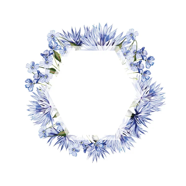 Watercolor Wreath Flowers Cornflowers Forget Leaves Illustration — Stock Photo, Image