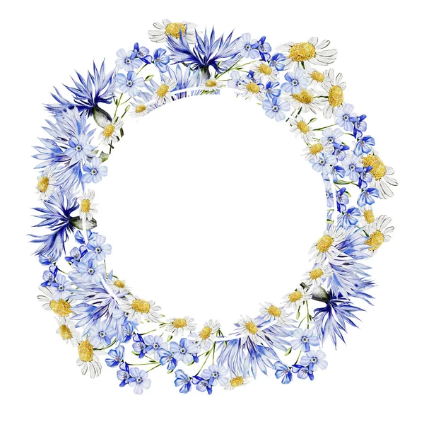 Couronne Aquarelle Avec Des Fleurs Bleuets Camomille Feuilles Illustration — Photo