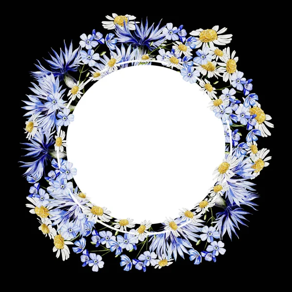 Akwarelowy Wieniec Kwiatami Kukurydzy Rumianku Liści Ilustracja — Zdjęcie stockowe