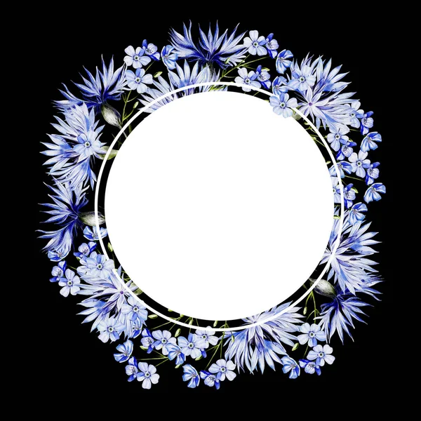 Aquarellkranz Mit Blüten Aus Kornblumen Und Kamille Blätter Illustration — Stockfoto