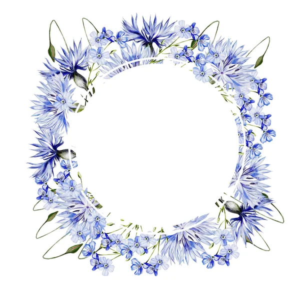 Watercolor Wreath Flowers Cornflowers Chamomile Leaves Illustration — Stock Photo, Image