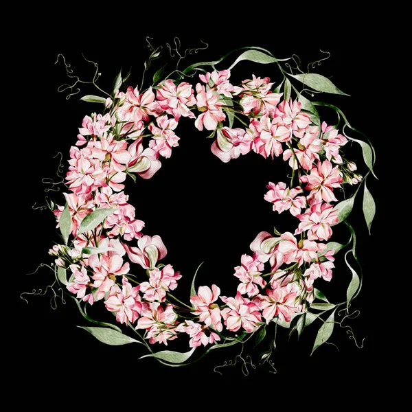 Watercolor Wreath Wild Flowers Pea Leaves Illustration — Stock Photo, Image