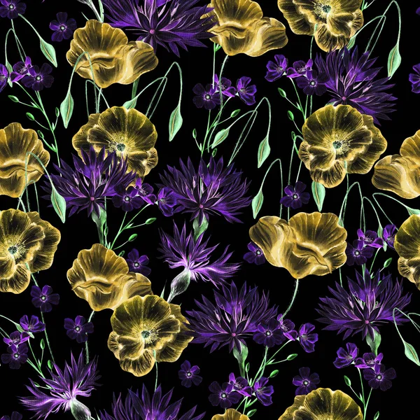 Akvarell Zökkenőmentes Minta Mák Virágok Búzavirág Illusztráció — Stock Fotó