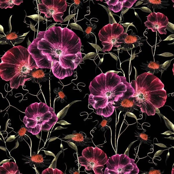 Aquarell Nahtloses Muster Mit Blüten Aus Mohn Und Kornblume Blätter — Stockfoto