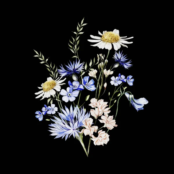 Aquarellstrauß Mit Wilden Blumen Aus Kornblumen Und Kamille Illustration — Stockfoto