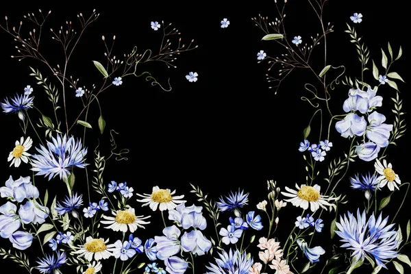 Akvarelová Karta Divokými Květy Chrpy Heřmánku Ilustrace — Stock fotografie