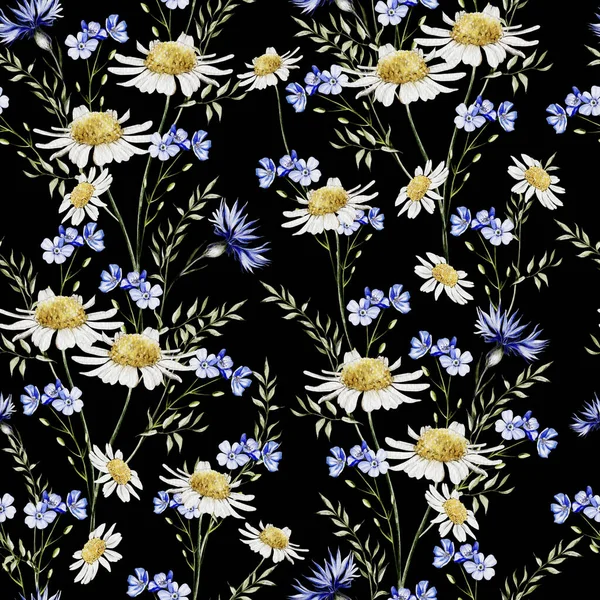 Watercolor Seamless Pattern Flowers Cornflowers Chamomile Leaves Illustration — Stock Photo, Image
