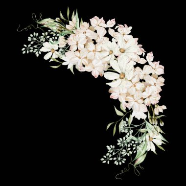 Ortanca çiçekli suluboya çelenk ve papatya çayı, yeşil yapraklar. Görüntü