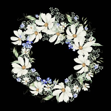 Çiçek ve papatya değil, yeşil yapraklı suluboya çelenk. Görüntü