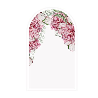 Şakayık çiçekli ve yeşil yapraklı suluboya kart. Görüntü