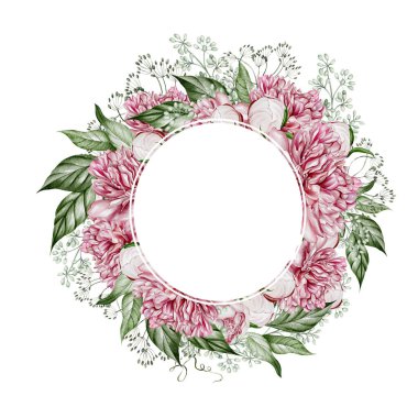 Şakayık çiçekli ve yeşil yapraklı suluboya çelenk. Görüntü