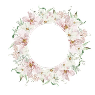 Gül çiçekli ve yapraklı suluboya çelenk. Görüntü