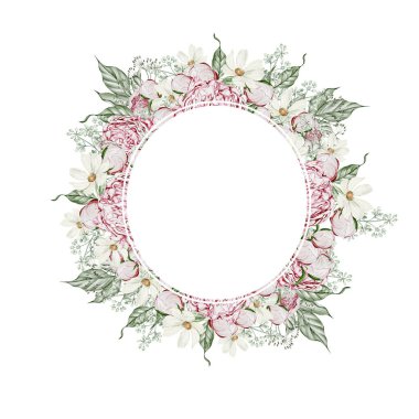 Gül çiçekli suluboya çelenk ve papatya çayı, yapraklar. Görüntü