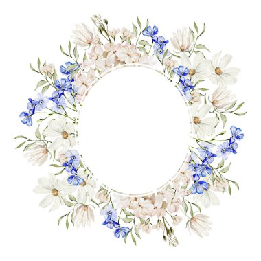 Çiçek, papatya, hudrangea, yeşil yapraklı suluboya çelenk beni unutma. Görüntü