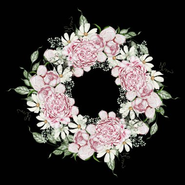 Gül çiçekli suluboya çelenk ve papatya çayı, yapraklar. Görüntü