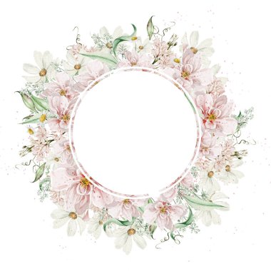 Gül çiçekli suluboya çelenk ve papatya çayı, yapraklar. Görüntü