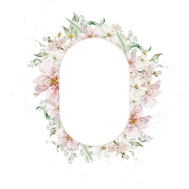 Gül çiçekli suluboya çelenk ve papatya çayı, yapraklar. Görüntü