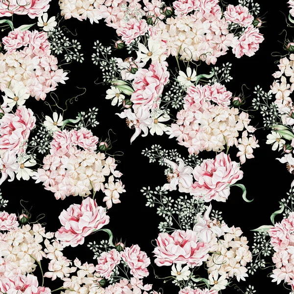 Akwarela Bezszwowy Wzór Kwiatami Liśćmi Grochu Hortensji Ilustracja — Zdjęcie stockowe