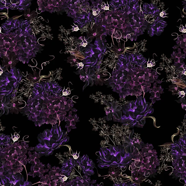 Aquarell Nahtloses Muster Mit Blüten Und Blättern Von Erbsenhortensien Illustration — Stockfoto