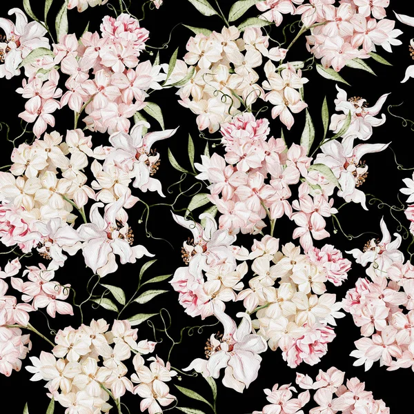 Akvarell Zökkenőmentes Minta Hortenzia Virágok Rózsák Illusztráció — Stock Fotó