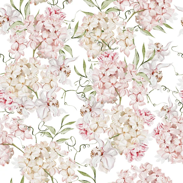 Akvarel Bezešvný Vzor Hortenzie Květiny Růže Ilustrace — Stock fotografie