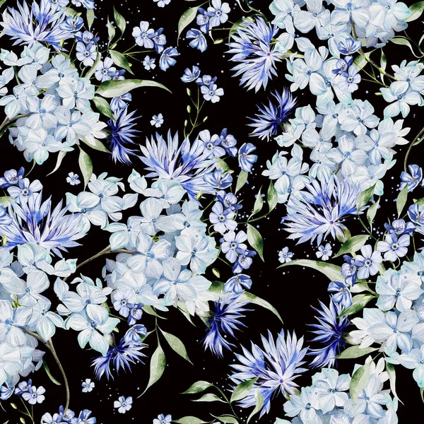 Akvarel Bezešvný Vzor Květinami Hortenzie Chrpy Ilustrace — Stock fotografie