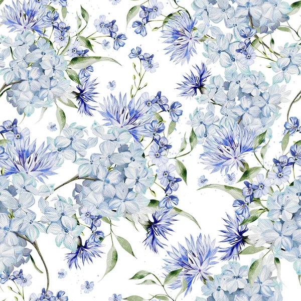 Akvarell Sömlöst Mönster Med Hortensia Blommor Och Blåklint Illustration — Stockfoto