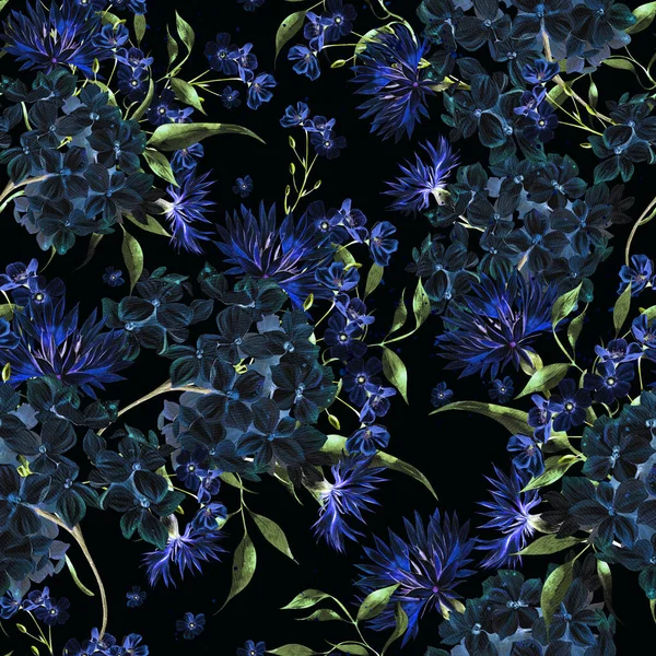 Aquarell Nahtloses Muster Mit Hortensienblüten Und Kornblumen Illustration — Stockfoto