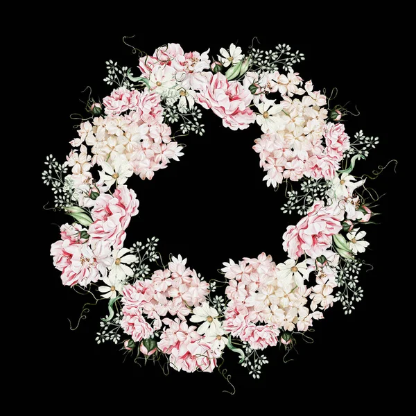 Grinalda Aquarela Com Flores Rosas Botões Ilustração — Fotografia de Stock