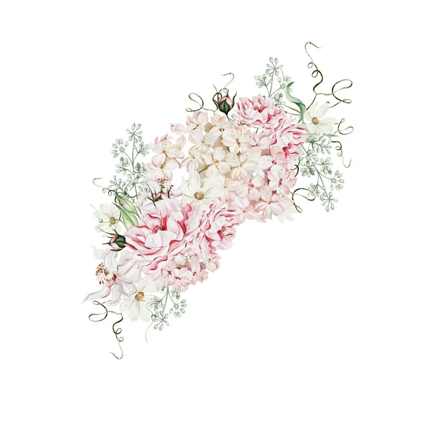 Aquarellkranz Mit Rosenblüten Knospen Und Hortensien Illustration — Stockfoto