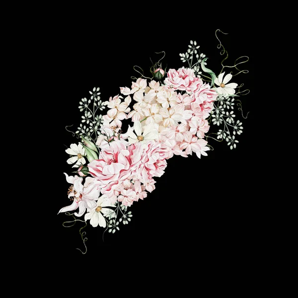 Güllerle Tomurcuklarla Ortancalarla Suluboya Çelenkler Görüntü — Stok fotoğraf