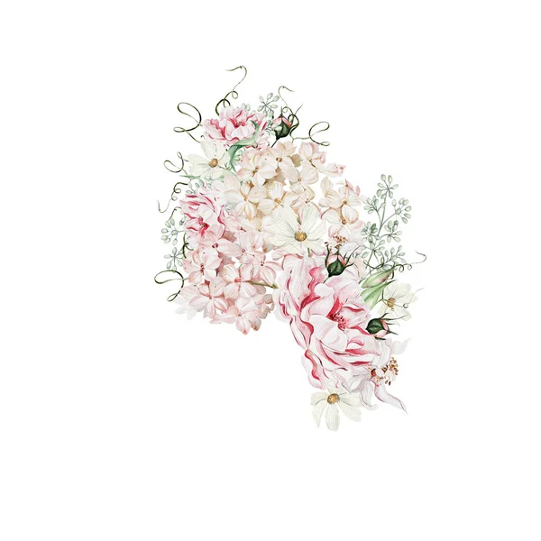 Aquarel Krans Met Rozen Bloemen Knoppen Hortensia Illustratie — Stockfoto