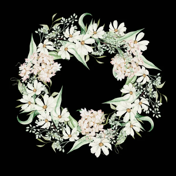 Akwarelowy Wieniec Kwiatami Hortensji Rumianku Zielone Liście Ilustracja — Zdjęcie stockowe