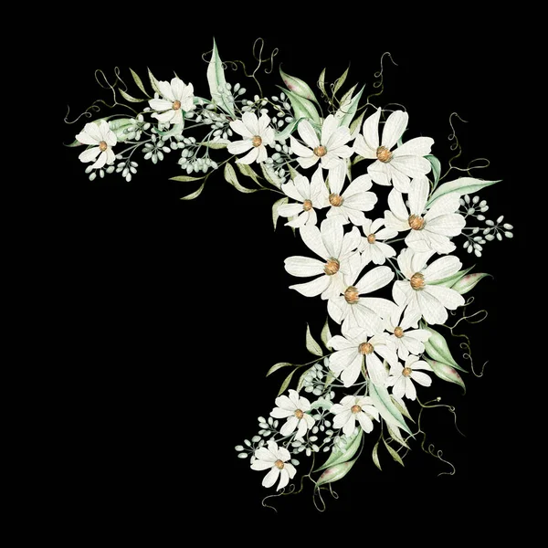 Στεφάνι Ακουαρέλας Άνθη Ορτανσίας Και Χαμομήλι Πράσινα Φύλλα Εικονογράφηση — Φωτογραφία Αρχείου