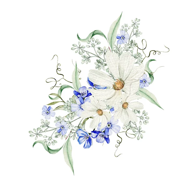 Aquarell Strauß Mit Vergissmeinnicht Blüten Und Kamille Grüne Blätter Illustration — Stockfoto
