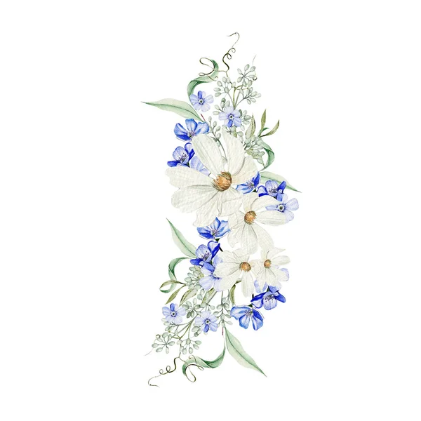 Akvarel Kytice Zapomenout Květiny Heřmánku Zelené Listy Ilustrace — Stock fotografie