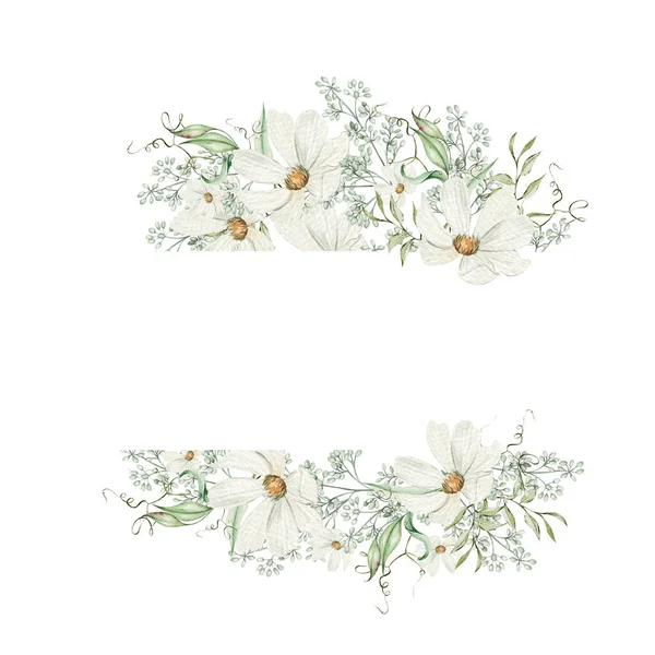 Watercolor Wreath Chamomile Green Leaves Illustration — Stock Photo, Image