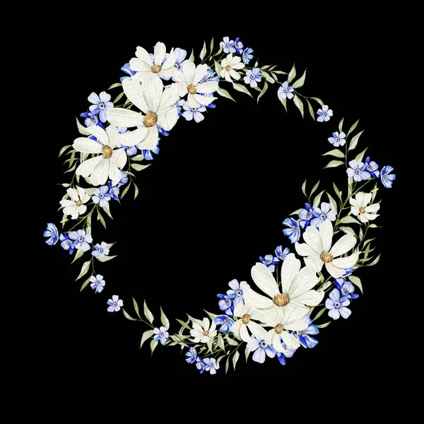 Στεφάνι Ακουαρέλας Ξεχάστε Μου Όχι Λουλούδια Και Χαμομήλι Πράσινα Φύλλα — Φωτογραφία Αρχείου
