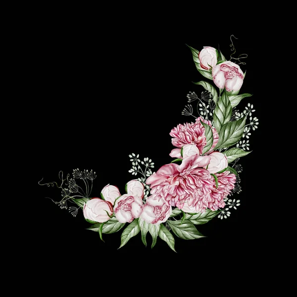 Αδιάβροχο Μπουκέτο Λουλούδια Παιώνιας Και Πράσινα Φύλλα Εικονογράφηση — Φωτογραφία Αρχείου