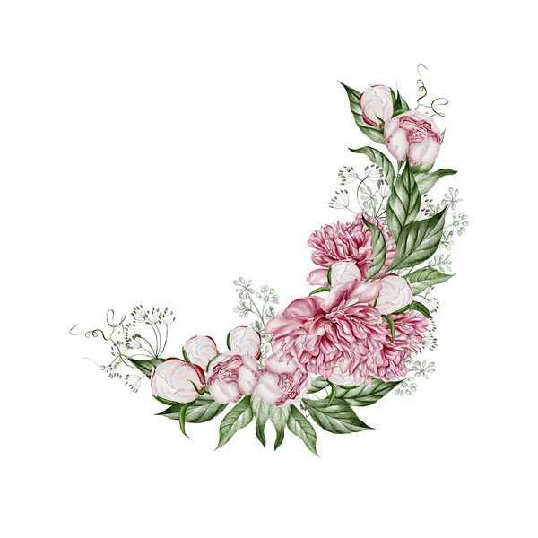 Akvarell Csokor Bazsarózsa Virágokkal Zöld Levelekkel Illusztráció — Stock Fotó
