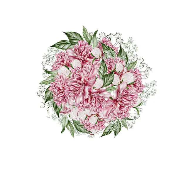 Akvarell Csokor Bazsarózsa Virágokkal Zöld Levelekkel Illusztráció — Stock Fotó